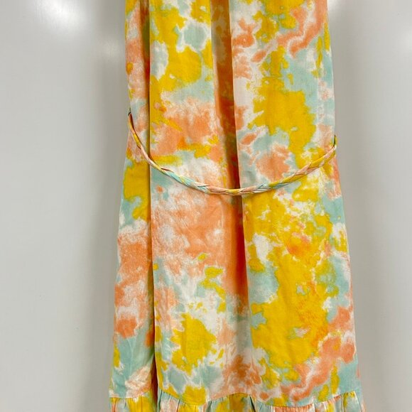 Watercolor Midi Dress Medium Tie Waist Spaghetti Strap Pastel Boho Summer - Picture 2 of 11